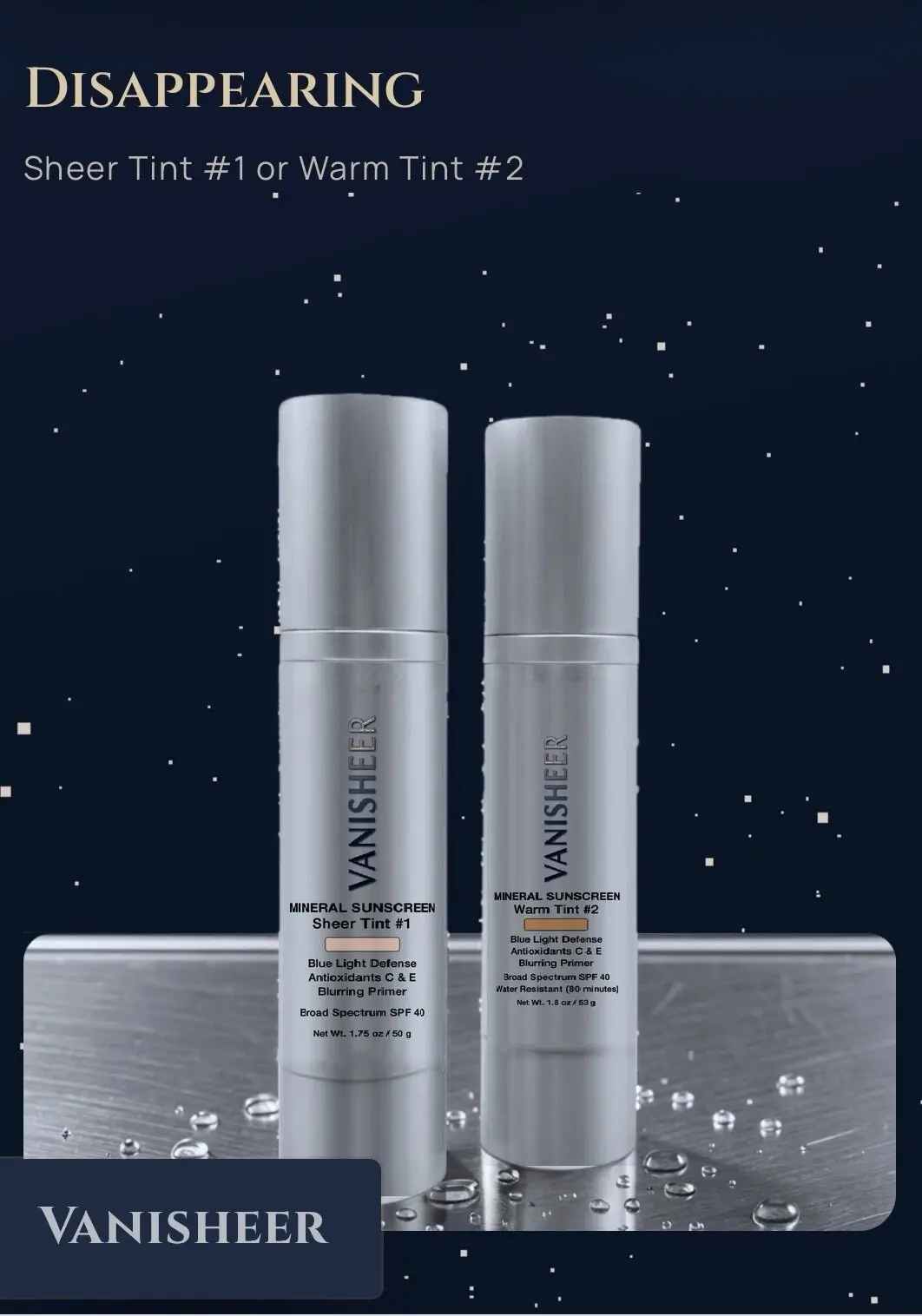 Vanisheer Sheer Tint #1 and Warm Tint #2 bottles with the new labels